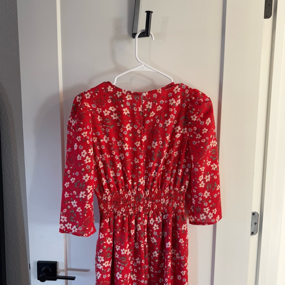 Red floral ribbed waist midi dress